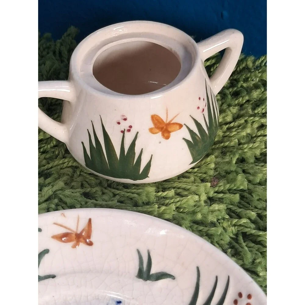 Antique 1920's Cat Tea Set Childs Majolica Tea Pot Saucers Sugar Ceramic